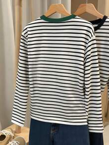 INAWLY Women's Casual Striped Round Neck Loose Long Sleeve T-Shirt, Autumn
