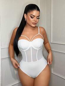 SHEIN SXY Bộ đồ liền thân hở vai lưới vá cúp ngực gợi cảm màu trắng dành cho nữ, Xuân/Hè - trắng - Xem 3