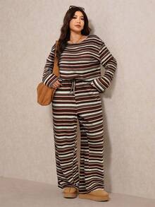 Elaquor Bộ 2 món áo thun dài tay kẻ sọc và quần ống rộng cho nữ cỡ lớn - Nhiều màu - Xem 7