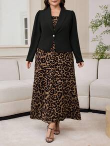 Modelyn Plus Size Women's Solid Color Batwing Sleeve Jacket And Leopard Print Slip Dress Elegant 2-Piece Set - Black - View 5