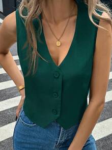 SHEIN PETITE CURVE 大码女式休闲V领纽扣前襟无袖背心，适合日常穿着、工作通勤和夏季穿着 - 軍綠色 - 查看 6