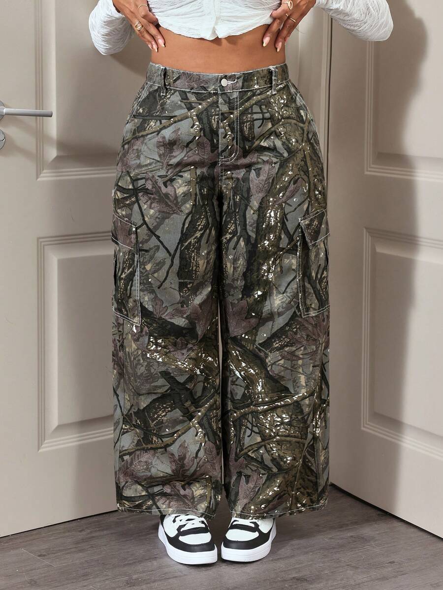 Slaydiva High Waist Loose Baggy Camouflage Print Jeans - Multicolor - View 1