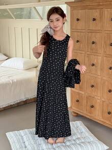 DAZY 两件套少女碎花针织开衫和修身吊带睡裙睡衣套装，秋季款 - 黑色 - 查看 1