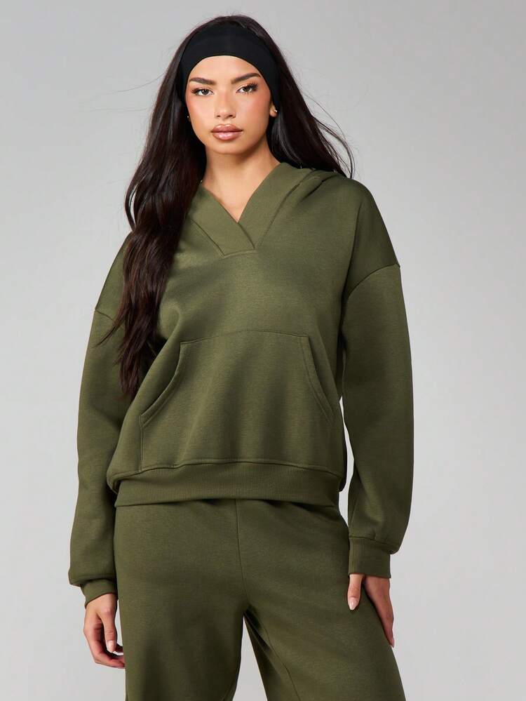 MISSGUIDED Olive Green V-Neck Hoodie With Drawstring And Centre Pocket Long Sleeve Pullover Sweatshirt For Women Fall Winter Casual Wear