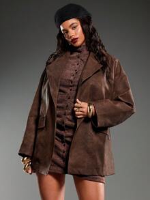 Normani Women's Snake Skin Pattern Loose Waist PU Leather Jacket - Brown - View 7