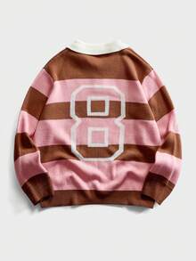 ROMWE MEN Men's Preppy Striped Embroidered Knit Sweater With Collar - Pink - View 2
