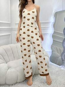Bear Print V-Neck Camisole & Pants Pajama Set - Multicolor - View 3
