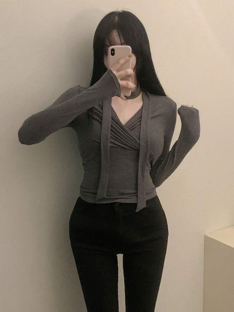 Women's V-Neck Tie-Up Criss-Cross Korean Style Long Sleeve T-Shirt, Elegant For Autumn/Winter