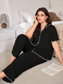 SHEIN 大码荷叶边纯色针织睡衣套装，宽松翻领开襟短袖上衣和裤子，夏季休闲家居服