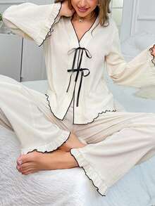 Women's Contrast Trim Tie Front Top And Pants Pajama Set, Winter Clothes - Apricot - View 1