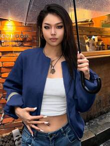 Chiquease Women's Solid Color Front Zipper Drop Shoulder Long Sleeve Short Jacket - Navy Blue - View 6