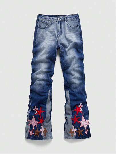 Jeans mode à blocs de couleurs avec broderie florale et croix pour hommes