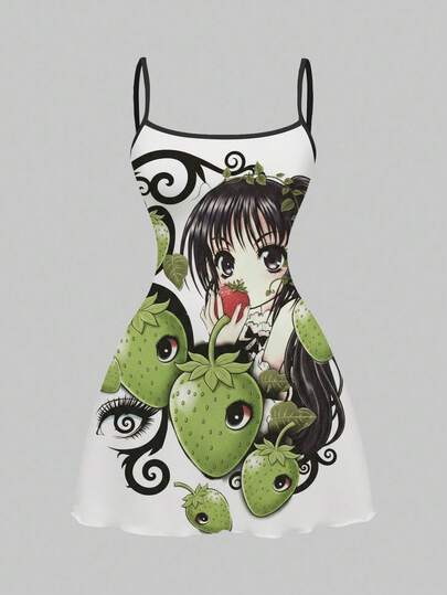 Vestido mini con estampado de fresa y planta inspirado en el anime de terror Y2K para mujeres