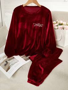 女童睡衣套装，舒适柔软的抓绒面料，红色字母刺绣长袖上衣和裤子，休闲睡衣 - 紅色 - 查看 1