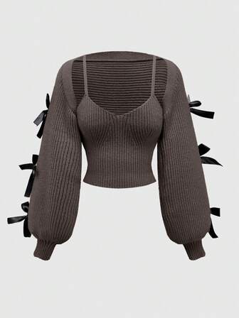 Kawaii New Year & Valentine's Day Casual Layered Cute Bow Tie Decor Women Lantern Sleeve Cover Up Shrug Vest Two Pieces Set