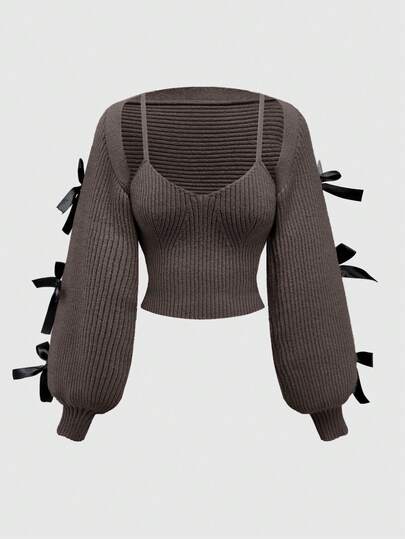 Kawaii Nuevo Año y Día de San Valentín Conjunto informal de dos piezas con chaleco con mangas de farol y decoración de lazo lindo