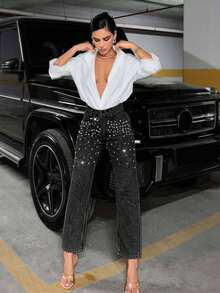 SHEIN Cottnline سروال جينز أسود قطن 100% ذو خصر عالي نحيف مستقيم - الأسود - مشاهدة 5