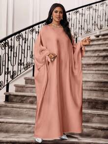 SHEIN Lady 秋冬优雅通勤办公室端庄婚礼白色梭织缎面圆领舞会礼服蝙蝠袖系带束腰连衣裙长袖加大码连衣裙 - 藕粉色 - 查看 4