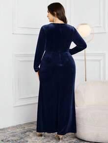 Modelyn Vestido elegante de manga larga con cuello en V, decoración de rhinestones y abertura lateral para mujer de talla grande - Azul Marino - Ver 2