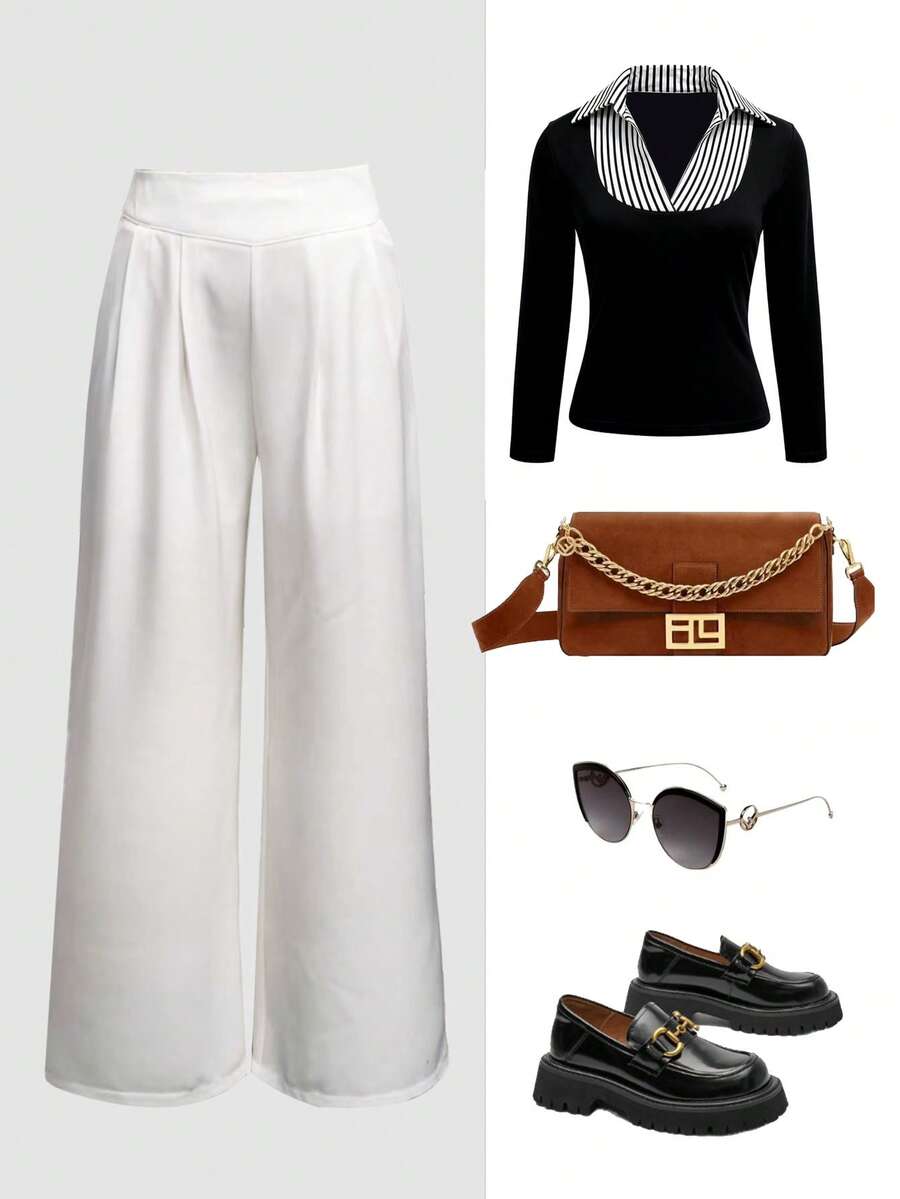 Franclia Women's Ruched Wide Leg Casual & Office Pants, Minimalist Style - White - View 1