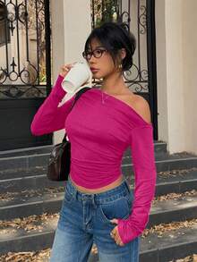 Flirla Solid Color Asymmetrical Neckline Pleated Slim Fit Long Sleeve T-Shirt, Suitable For Spring Leisure Fall Cloth For Women - Hot Pink - View 3