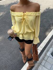SHEIN EZwear 1件女士雪纺露肩系带上衣，黄色 - 黃色 - 查看 5