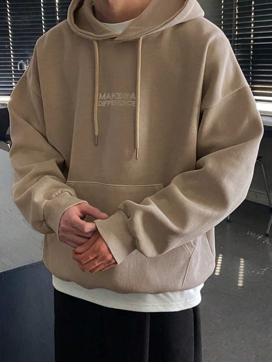 DAZY Beige Loose Solid Color Thermal Lined Hoodie For Men, Autumn/Winter - Beige - View 1