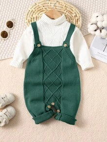 SHEIN Vêtements d'automne/hiver pour bébé garçon/fille nouveau-né/tout-petit : Barboteuses en tricot vert, salopettes, pulls, confortables, polyvalents, à la mode, mignons, rétro, design de base classique et simple, convenant pour l'intérieur, l'extérieur, le ski, le port quotidien, les sports, les jeux, les fêtes, la photographie, les vacances - Vert sapin - Voir 3