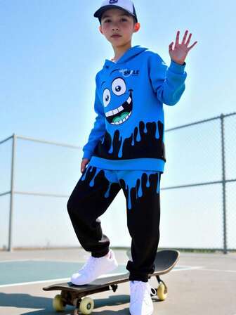 SHEIN Fantacosmos 2pcs Tween Boy Cartoon Print Hoodie Sweatshirt And Straight Casual Pants Set