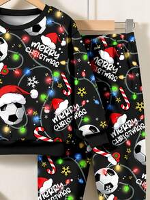 SHEIN Set di tuta casual e morbida in maglia per bambino, stile minimalista classico, caldo e confortevole, con motivo natalizio e calcio, adatto per autunno/inverno - Multicolore - Visualizzare 5