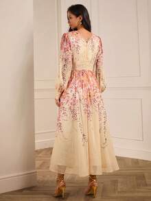 Lilora Elegante vestido largo de fiesta con estampado floral, cuello en V profundo, volantes, cruce en la cintura, encaje y mangas farol para fiestas de jardín y ocasiones sociales