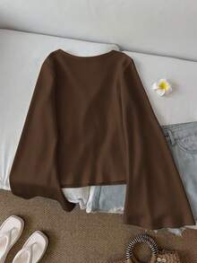 SHEIN LUNE 女士休闲V领喇叭袖扭结前襟上衣，适合早春和秋季穿着，是约会和度假的理想之选，波西米亚风格，有深棕色、巧克力棕色和咖啡棕色可选；优雅的女性化上衣。夏季 - 彩色 - 查看 2