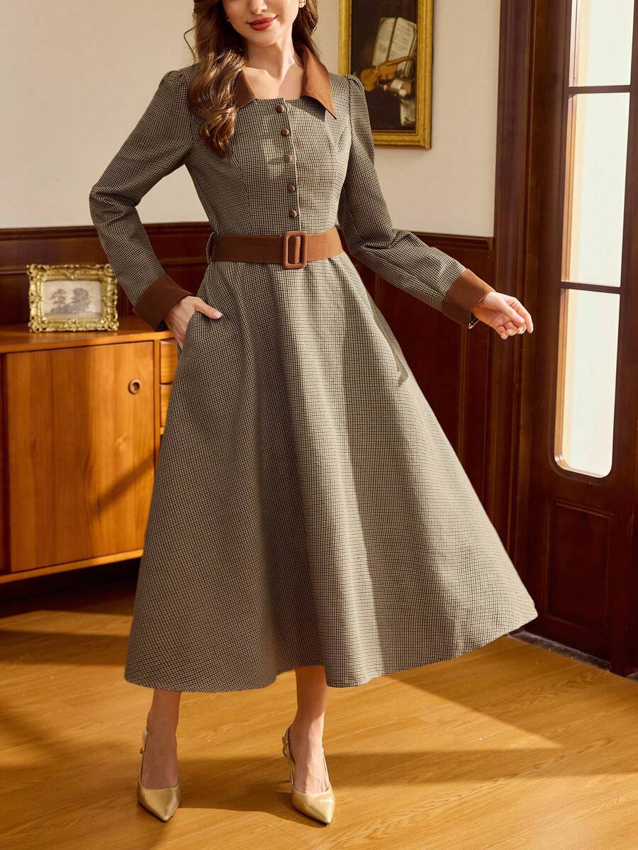 Vintamour Vintage Classic Elegant Women's Dress, Autumn/Winter Fitted Colorblock Plaid Dress With Collar, Belt, Pockets, Long Sleeve, Brown
