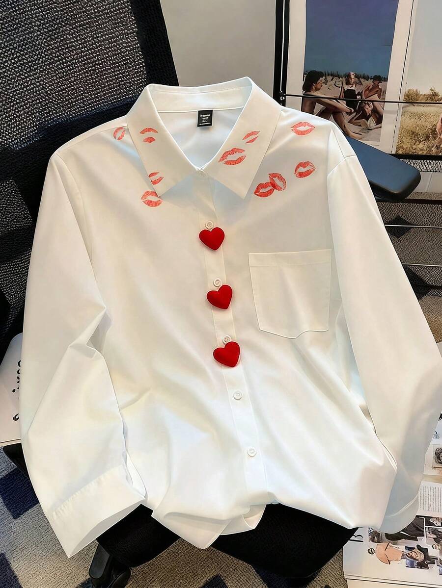 GlowEve CURVE 大码女式时尚休闲唇印爱心装饰衬衫 - 白色 - 查看 1