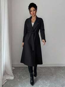 EURMUSE Ancora Women's Solid Stand Collar Double Breasted Coat, Fall/Winter, Women's Burgundy Oversize Overcoat - Black - View 5