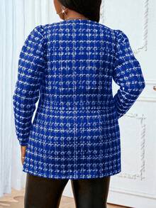 SHEIN Lady 大码女士优雅格子印花开襟外套，商务风 - 寶藍色 - 查看 2