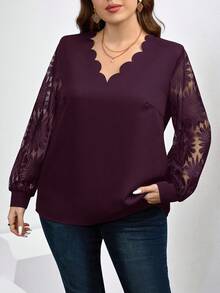 Chikora Plus Size Women's V-Neck Lace Patchwork Sunflower Blouse, Spring - Purple - View 5
