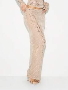 KIZN Nude Beige Hotfix Diamante Embellished Maxi Bodycon Skirt High Rise Evening Party Wear - Pink - View 5