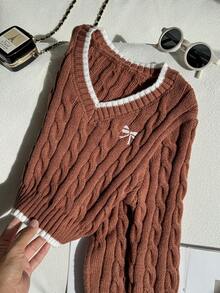 SHEIN 少女蝴蝶结刺绣V领长袖休闲毛衣，秋冬季 - 棕色 - 查看 7