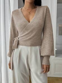 Elyressa Solid Wrap-Style Cropped V-Neck Tie Waist Long Lantern Sleeve Casual Elegant Sweater For Women, Long Sleeve Top Knit Pullover Fall Winter - Khaki - View 6