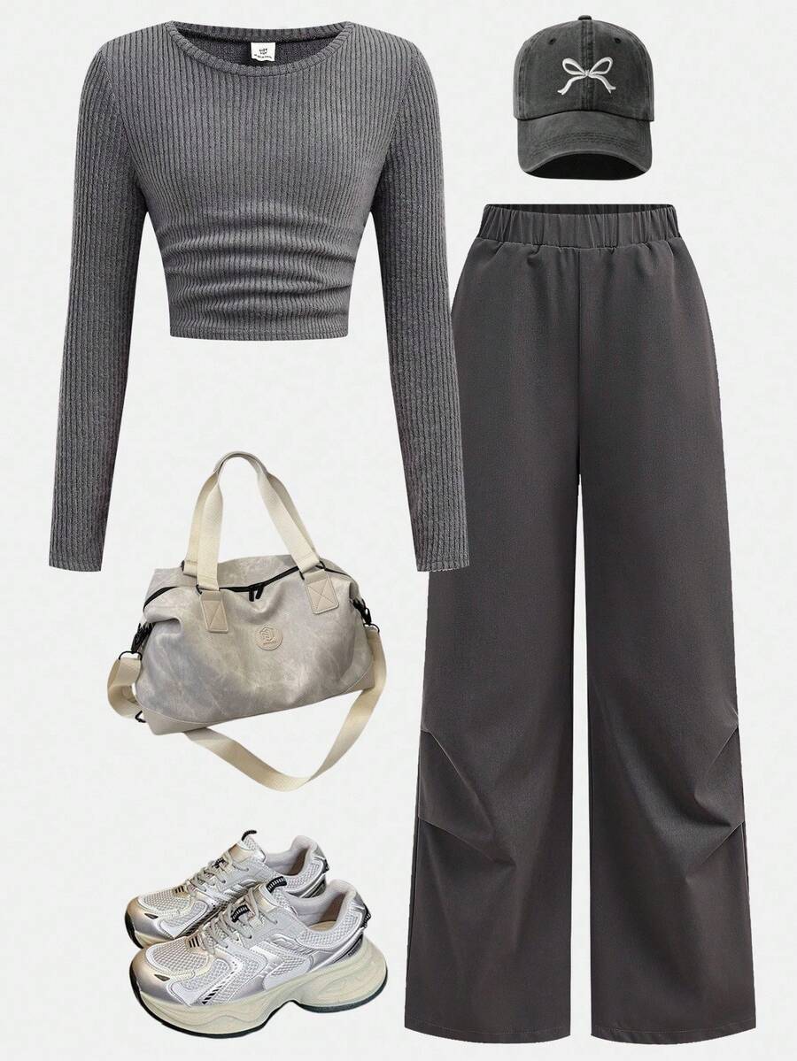 Girlism 青少年女孩 T 恤套装青少年女孩罗纹针织褶皱长袖 T 恤上衣和慢跑裤两件套，休闲装 - 深灰色 - 查看 1