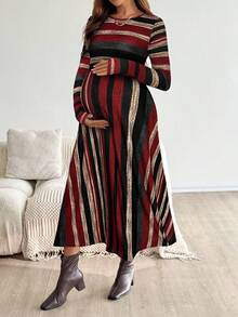 SHEIN 孕妇条纹圆领长袖休闲连衣裙 - 紅色 - 查看 4