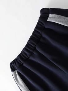 Vacaura 2pcs/Set Boys' Casual School Hooded Baseball Jacket And Contrast Color Drawstring Sweatpants Outfit, Autumn/Winter Fall - Navy Blue - View 5