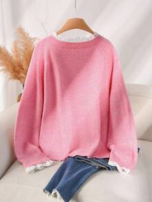 CosyJoli Plus Size Casual Lace Splice Round Neck Pullover Pink Mesh Sweater,Fall Clothes For Women Autumn