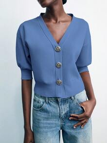 Maija Áo khoác cardigan dệt kim nữ tay lửng, cài cúc đơn, họa tiết hoa 3D bằng kim loại, kiểu dáng thường ngày, thể hiện cá tính và thời trang. Tay lửng, thoải mái, phù hợp cho đi làm, công sở, tiệc tùng và hẹn hò. - Màu xanh lam - Xem 1
