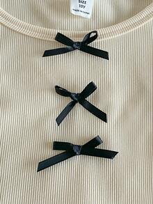 SHEIN 3pcs/Set Girls Soft Ribbed Long Sleeve Cropped Top,White,Apricot,Black Bow Decor Wavy Hem Cute Tops For Winter School Back-To-School Tween Clothes - Multicolor - View 3