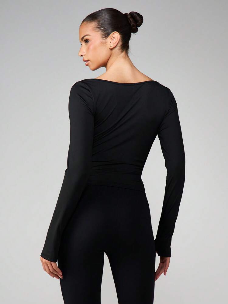 MISSGUIDED Off Shoulder Wrap Long Sleeve Slinky Top Bodysuit With Ruched Detail V Neckline Fitted Silhouette Fall Winter Basic Essential Layering Piece