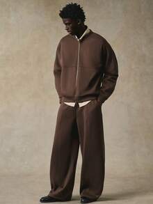 STYNVO 男士纯色拉链夹克和阔腿裤休闲大地色系两件套，棕色宽松版型，带保暖内衬 - 棕色 - 查看 6