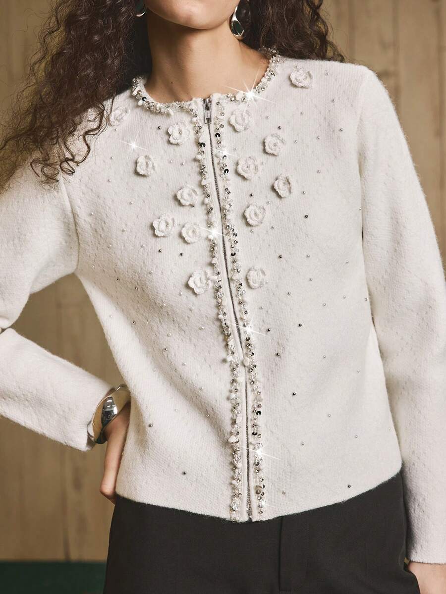 Arave Áo len cardigan tay dài thiết kế bong bóng hai màu, họa tiết hoa thủ công cắt thẳng dành cho nữ, thích hợp mặc đi làm hàng ngày, mùa thu/đông - Màu be - Xem 1