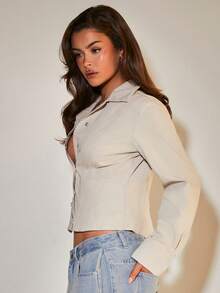 COSMINA Women's Casual Front-Button Denim Shirt, Fitted Waist, Long-Sleeved Denim Top, Suitable For Everyday Wear And Commuting, Elegant Denim Top, Autumn/Winter Denim Top, Spring Denim Top, Casual Denim, Gray Denim Top, Everyday Street Style, Autumn Style. - Grey - View 5